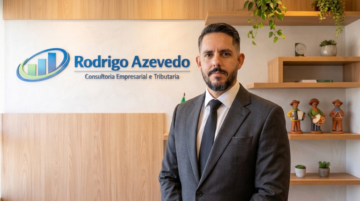 Rodrigo Azevedo de terno, em pé no escritório