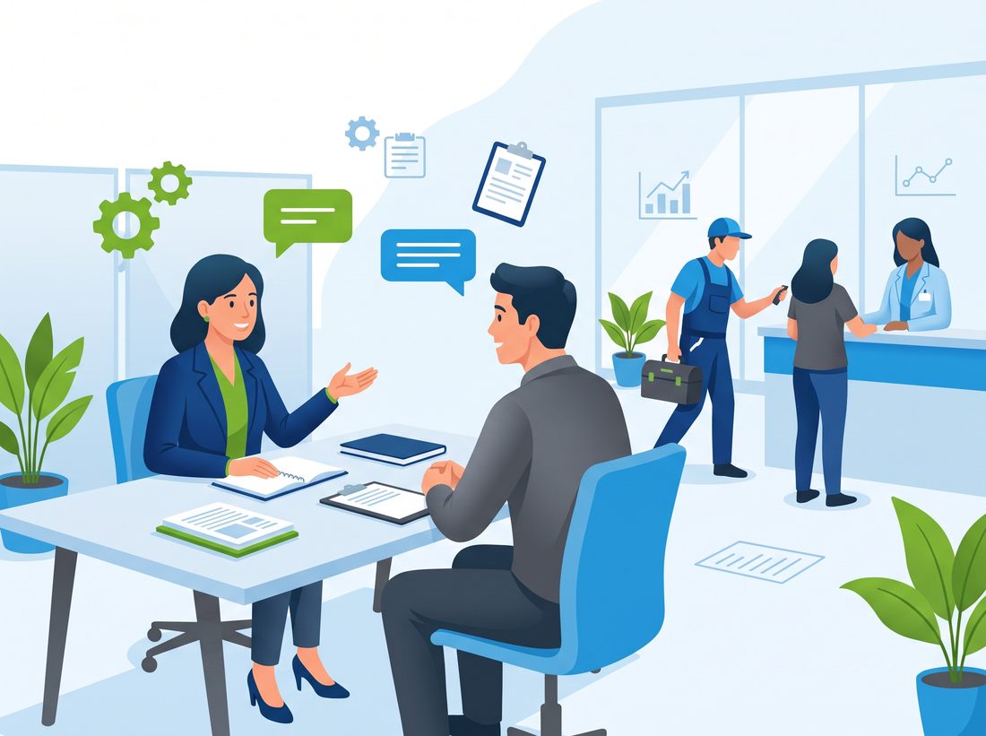 Ilustração de atendimento em serviços, com consultoria, técnico e recepção